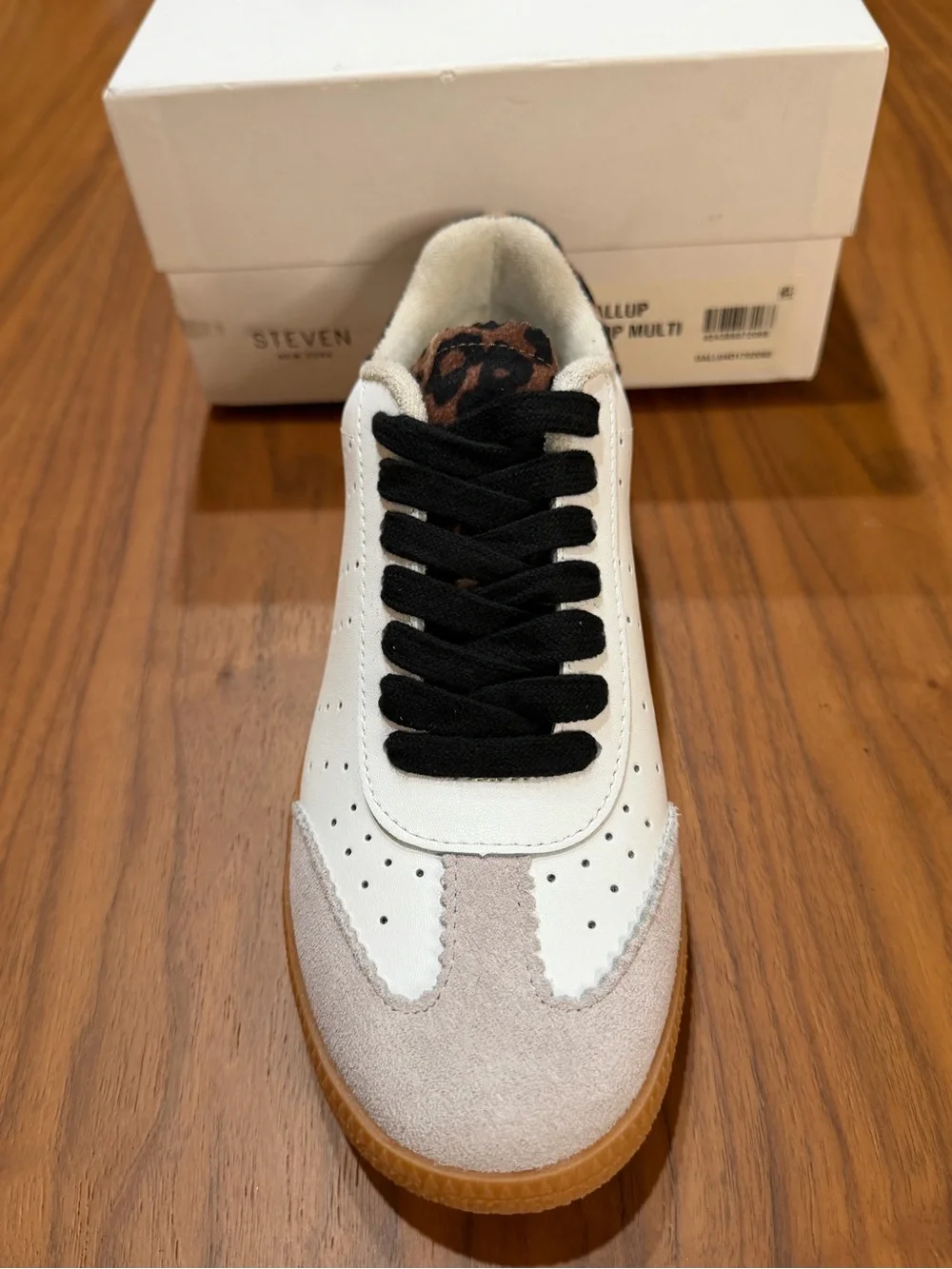 Steve Madden White Leather Sneaker with Gum Sole and Leopard Collar